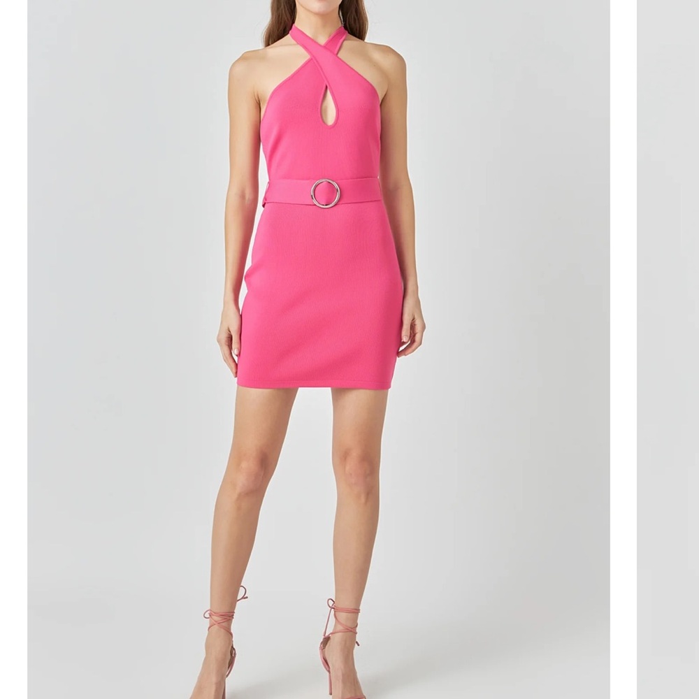 Endless Rose Hot Pink Belted Halter Mini Dress